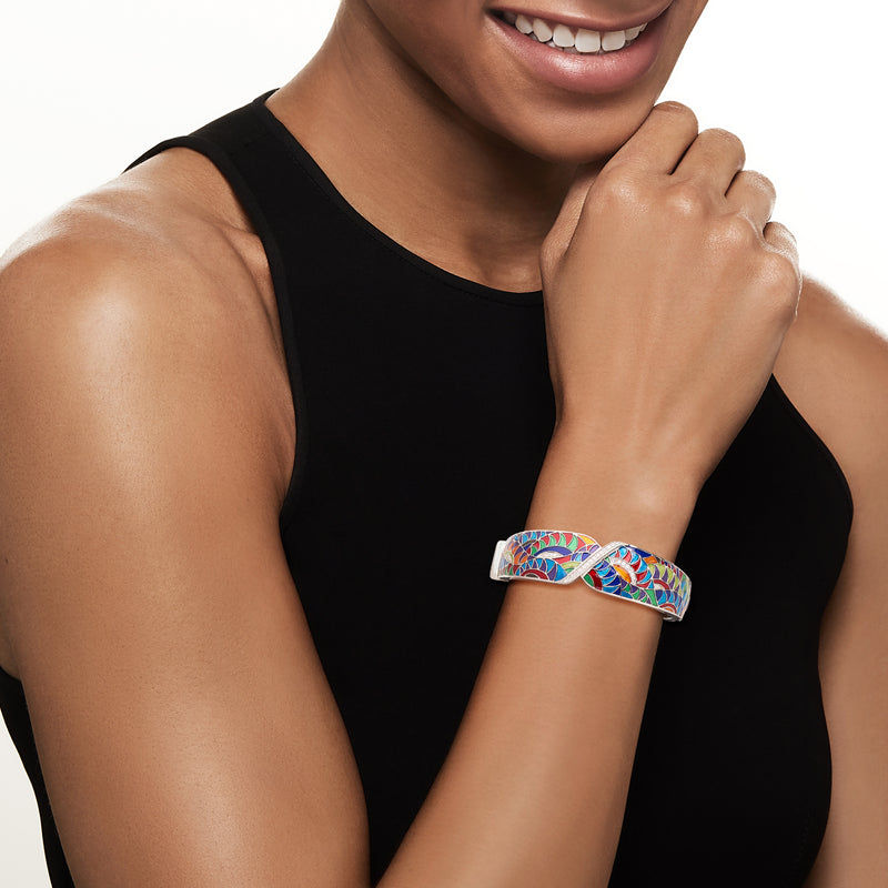 Multicolor enamel bangle bracelet with crystal detail on wrist, sterling silver