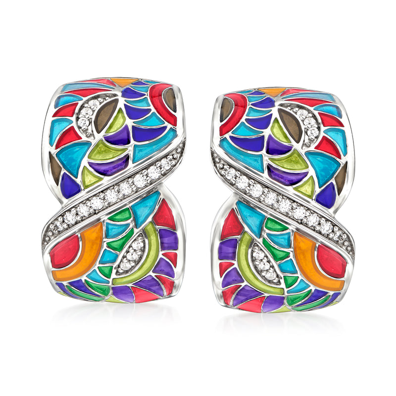 Sterling silver clip/post earrings with multicolored enamel floral design and clear CZ stones