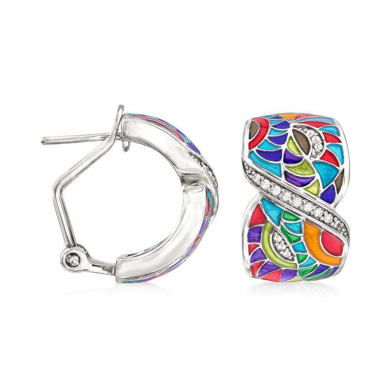 Sterling silver clip/post earrings, multicolored enamel floral with CZ accents, hinged back view