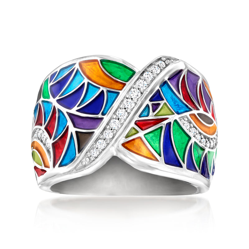 Sterling silver double-band ring with multicolored enamel and clear CZ accents