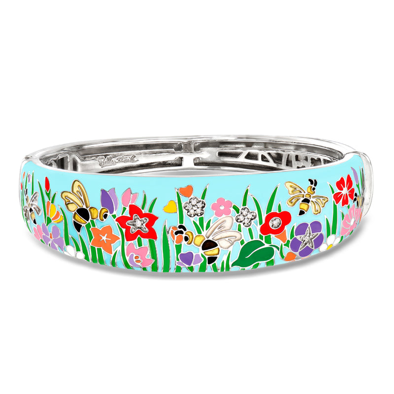 Sterling silver bangle with multicolored enamel garden motifs and CZs
