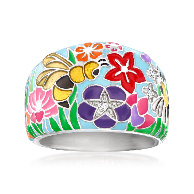 Sterling silver enamel ring with colorful bee and flower design, CZ accents