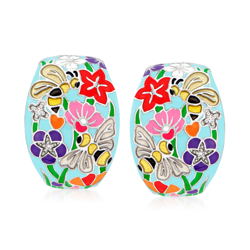 Multicolored enamel oval bee garden earrings with CZs in sterling silver tone