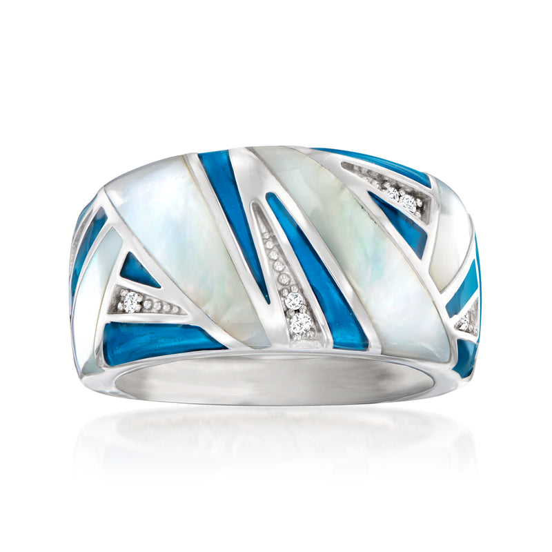 Sterling silver mother-of-pearl ring with blue enamel geometric inlays and CZ accents