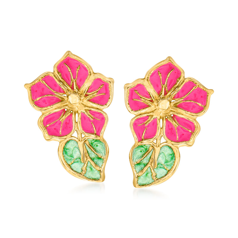 14kt yellow gold enamel flower stud earrings with pink petals and green leaf accents