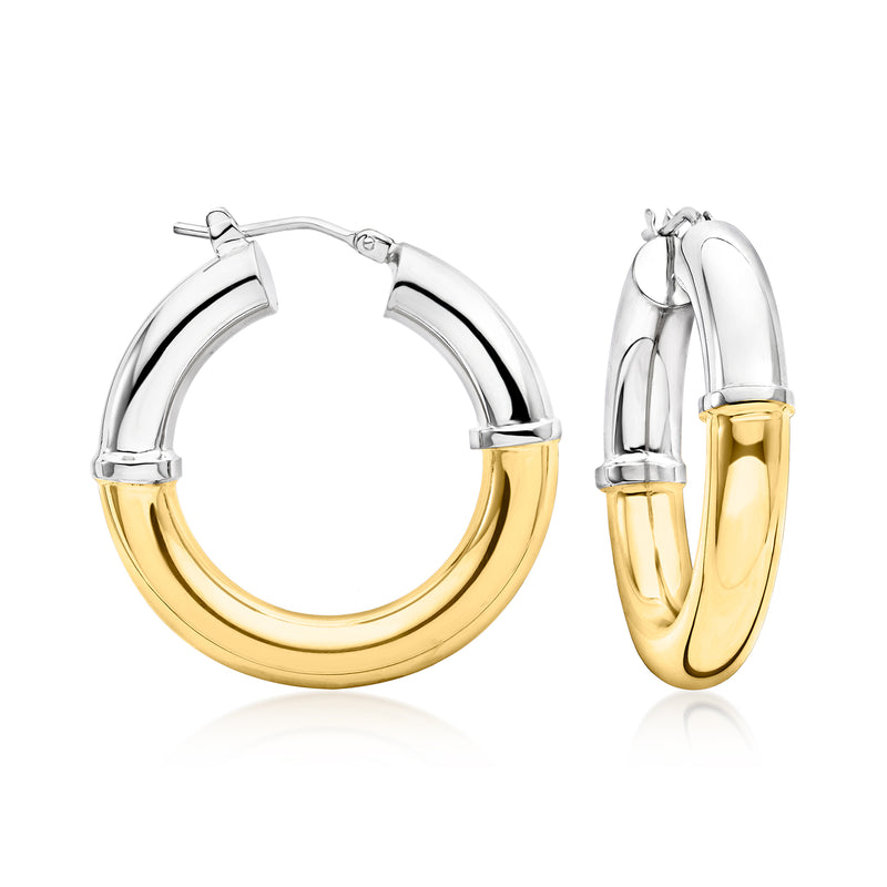Two-tone sterling silver hoop earrings with gold lower half and clasp backs