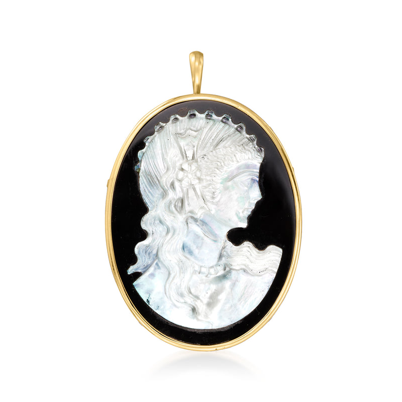 18kt yellow gold cameo pendant with black onyx frame and mother-of-pearl profile