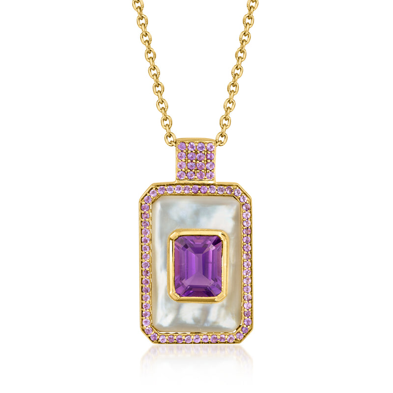 Gold over sterling pendant necklace with mother-of-pearl and amethyst accents
