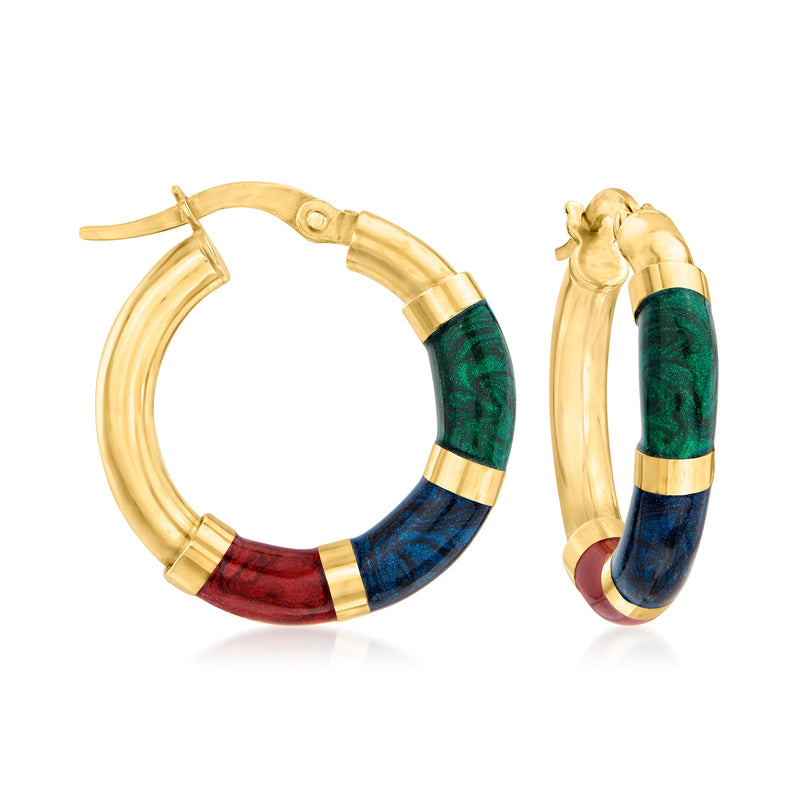 14kt yellow gold hoop earrings with multicolored enamel banding: green, blue, red