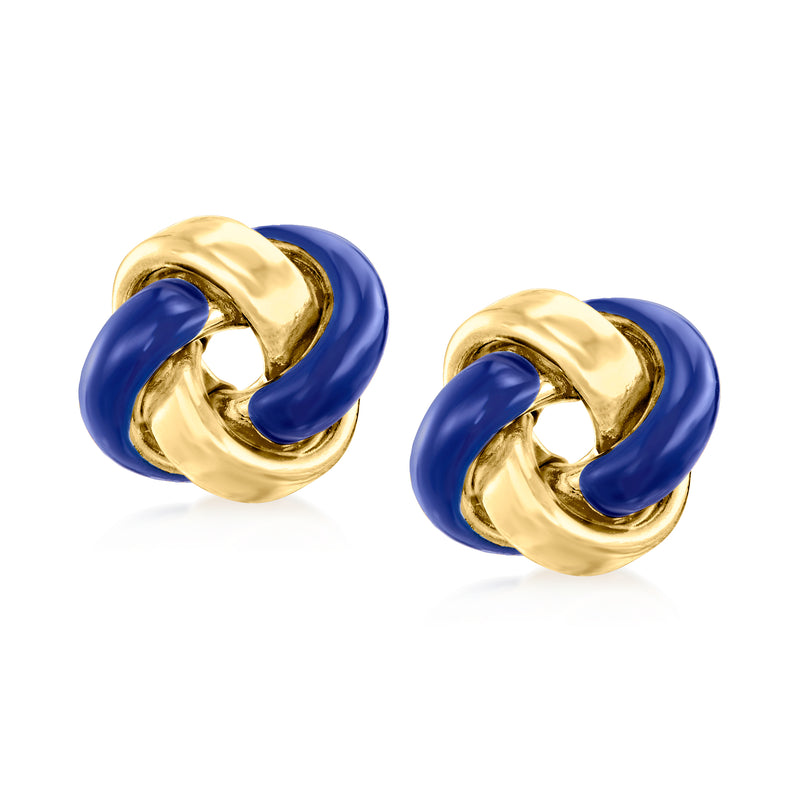 14kt yellow gold knot stud earrings with blue enamel swirl