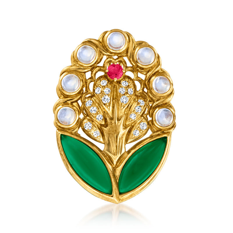 Vintage gold floral pin/pendant with moonstones, green chalcedony leaves, ruby center