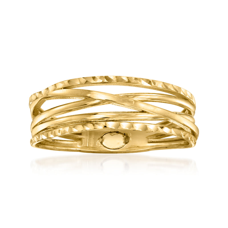 14kt yellow gold highway ring with textured polished bands and round bezel detail