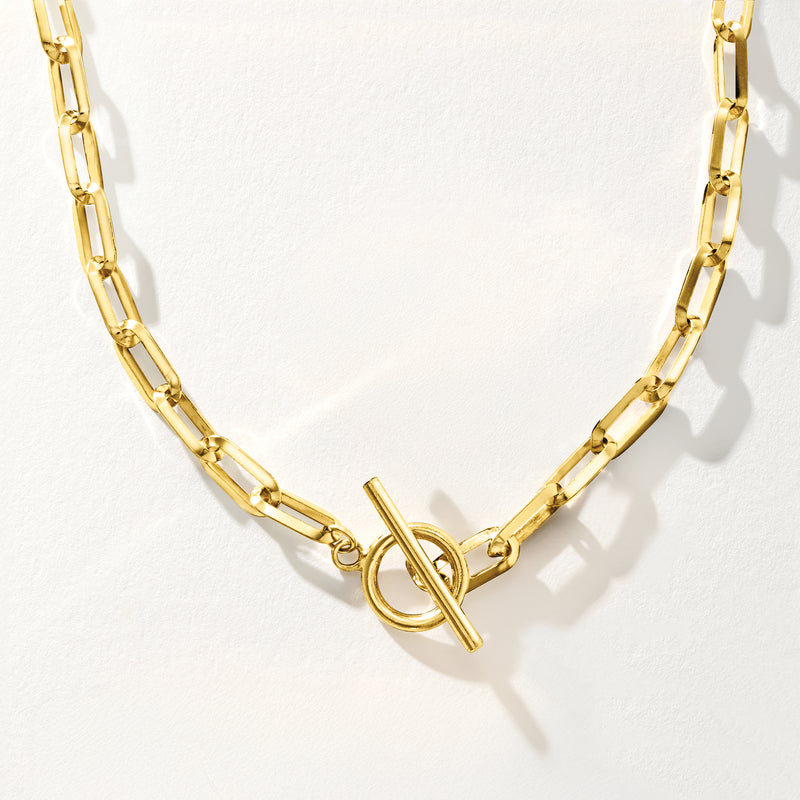 Gold paper-clip link necklace with center toggle clasp, double-ring design