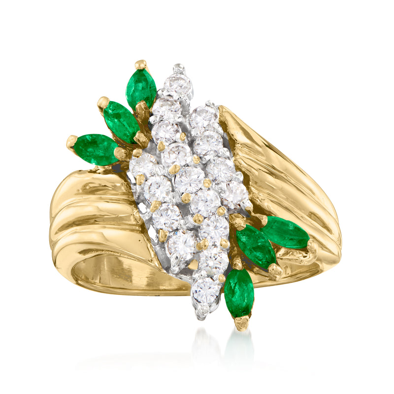 Vintage 14kt yellow gold ring with oval green emeralds and round white diamonds cluster