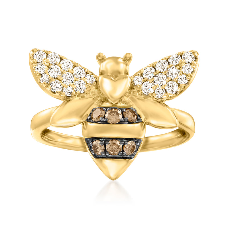 14kt Honey Gold bumblebee ring with diamond wings and black center stones