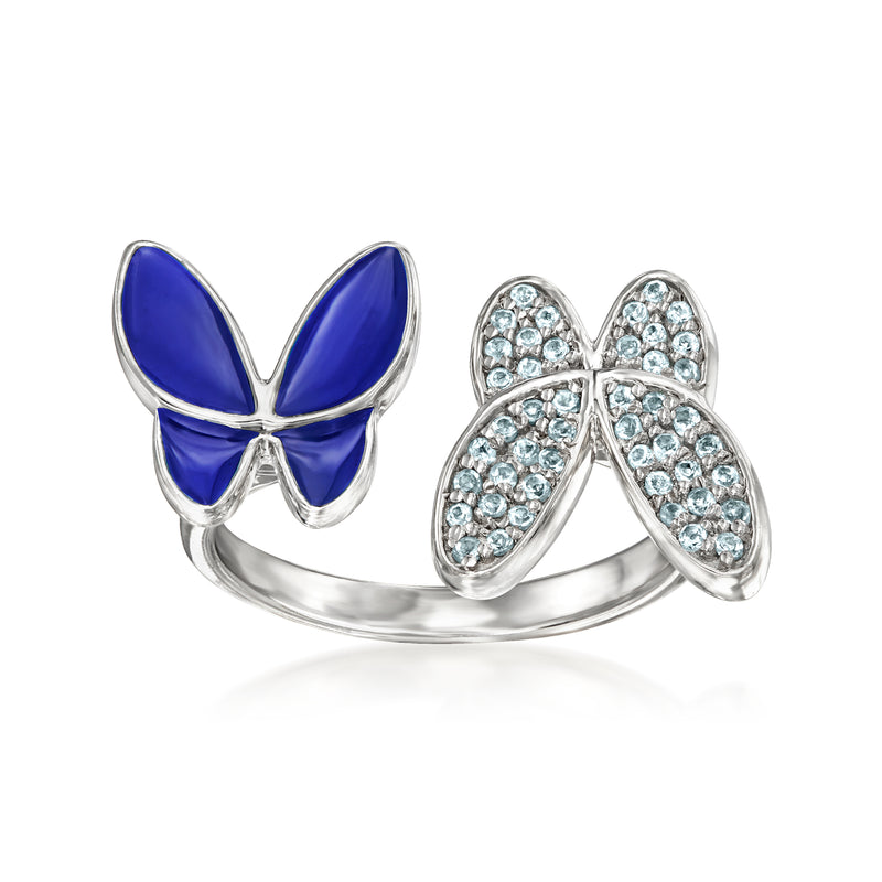 Butterfly ring in sterling silver with blue enamel and Swiss blue topaz