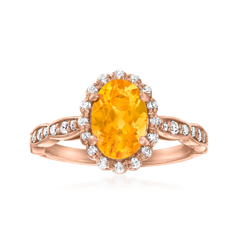Vintage rose gold ring with oval citrine and diamond halo