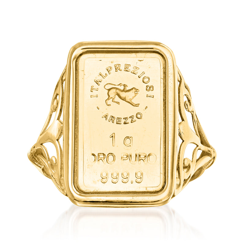 Yellow gold signet ring with rectangular 1g ingot face, engraved Italian text and horse motif
