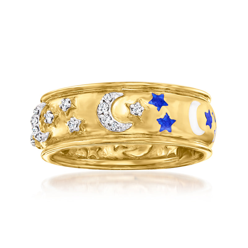 Gold celestial reversible ring with diamond stars, moon, and blue enamel accents