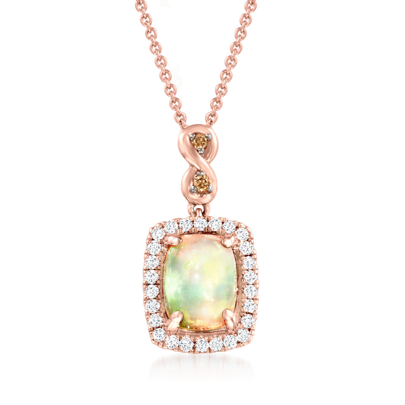 Rose gold pendant necklace with oval opal center and diamond halo on a link chain