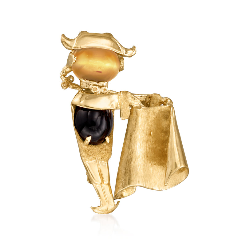 14kt yellow gold matador pin with dark onyx oval and brown cat's-eye stones