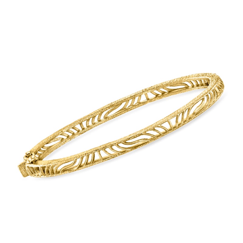 Gold over sterling wave bangle bracelet with textured ridged wave center