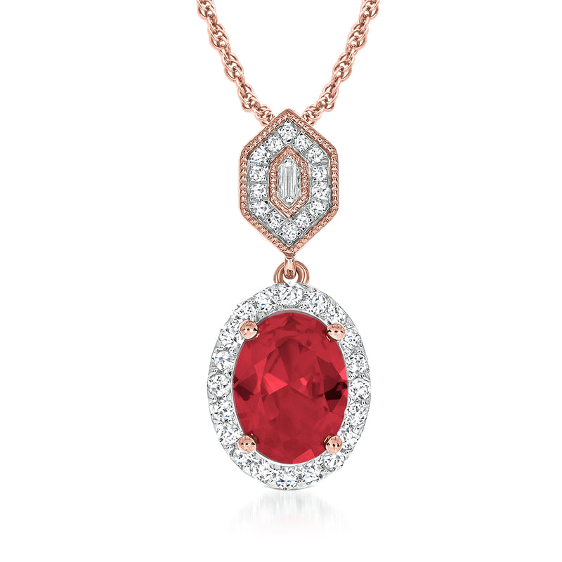 14kt rose gold pendant necklace with red ruby oval and diamond halo