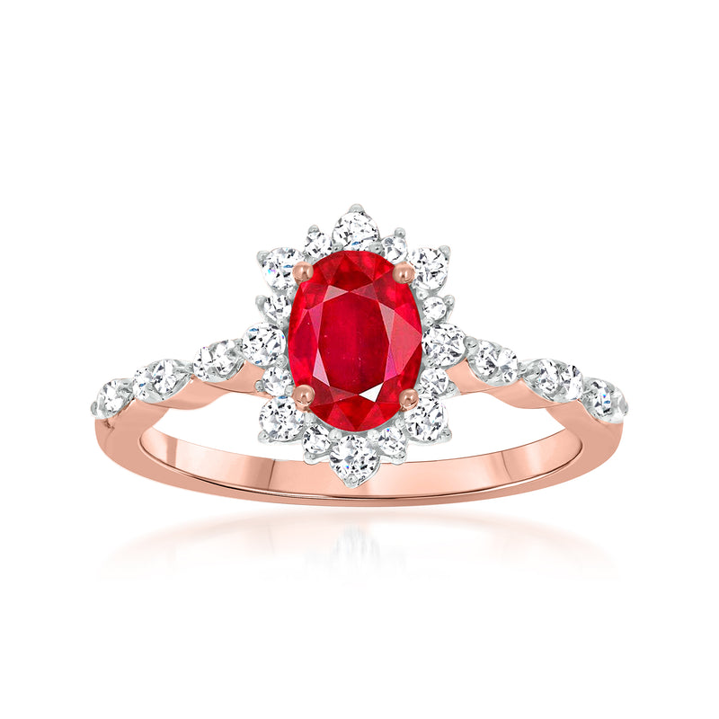 14kt rose gold ruby halo ring with red oval center and diamond accents