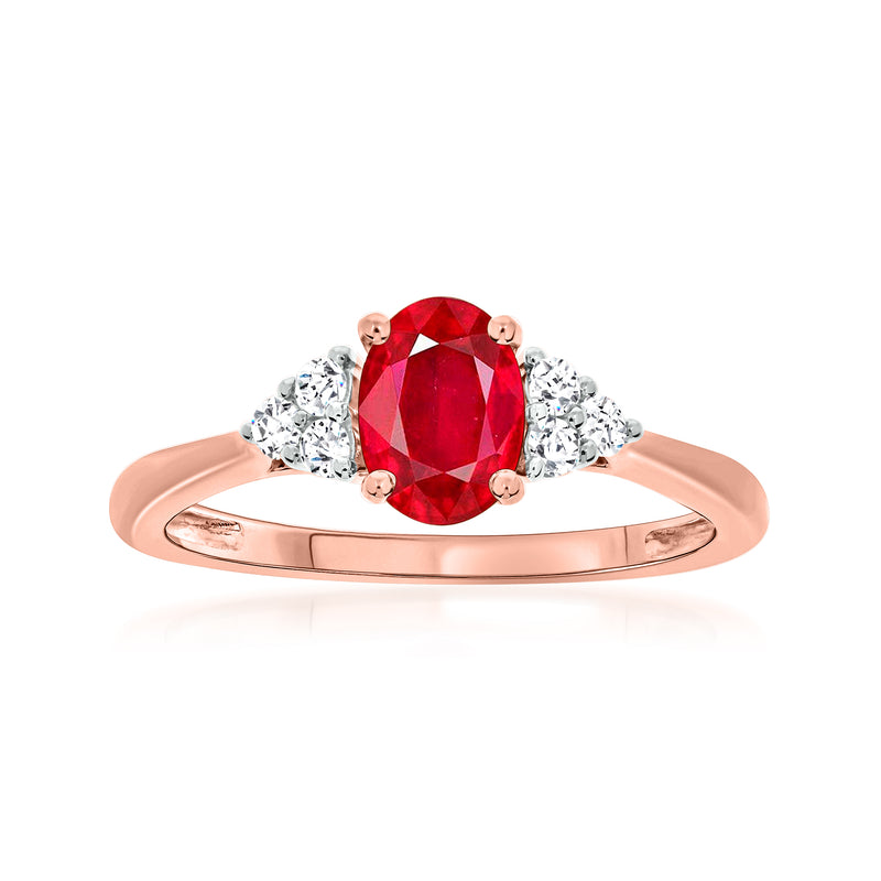 14kt rose gold oval ruby center with round diamond side stones, red gemstone ring