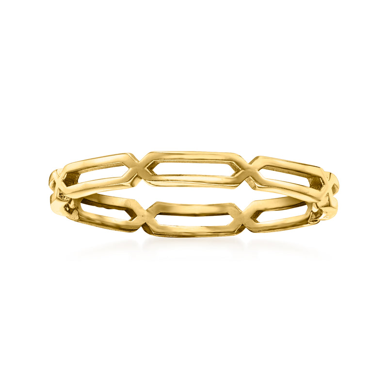 Yellow gold paper-clip link ring with interlocking bar links, polished finish