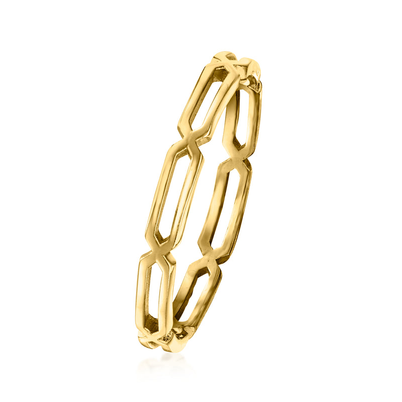 Yellow gold paper-clip link ring shown from the side, polished interlocking links