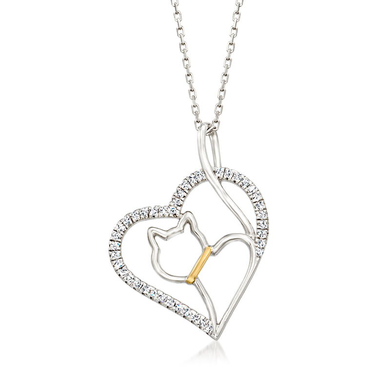 Two-tone sterling silver heart cat pendant necklace with CZ accents
