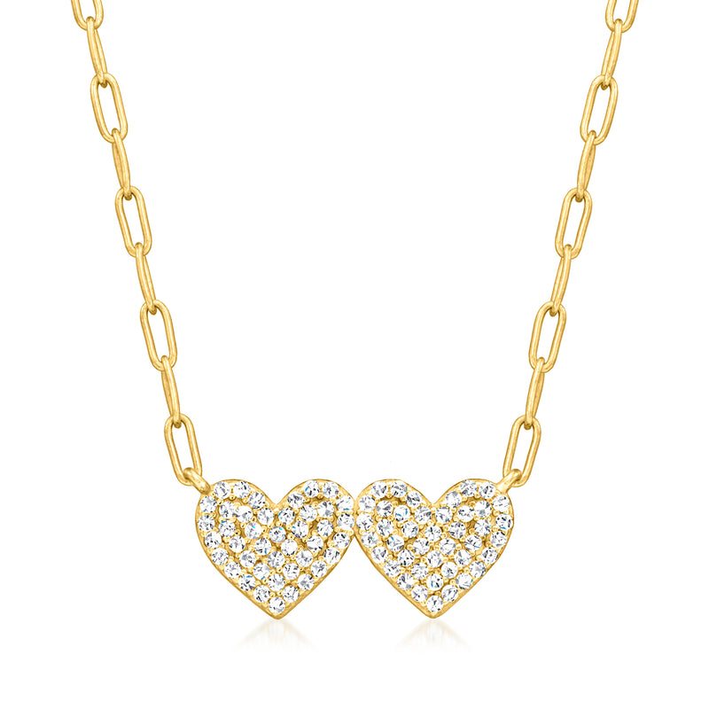 Gold paper clip link necklace with two CZ heart pendants