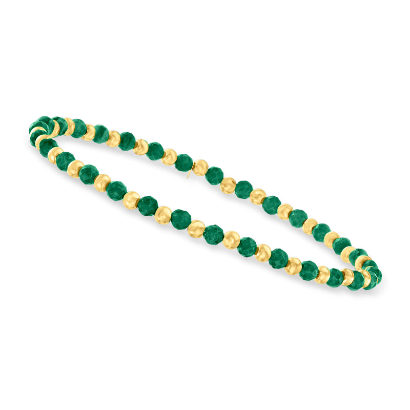 Emerald green bead stretch bracelet with small yellow gold round spacers and claspless design