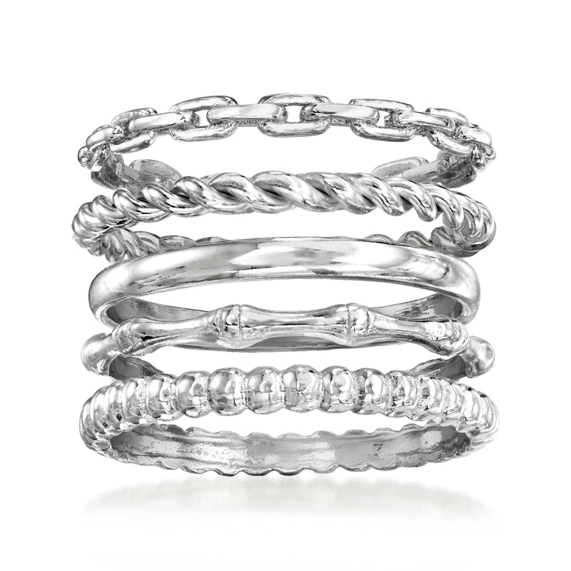 Stackable sterling silver rings with rope and bead-texture bands