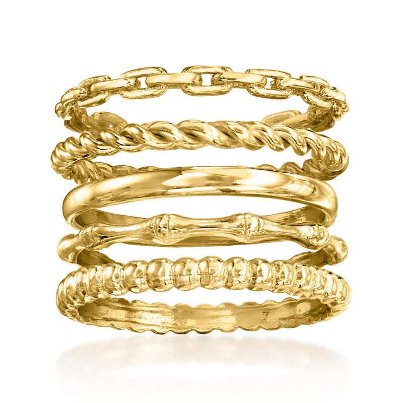 Stackable gold over sterling ring set with braided, smooth, and beaded bands