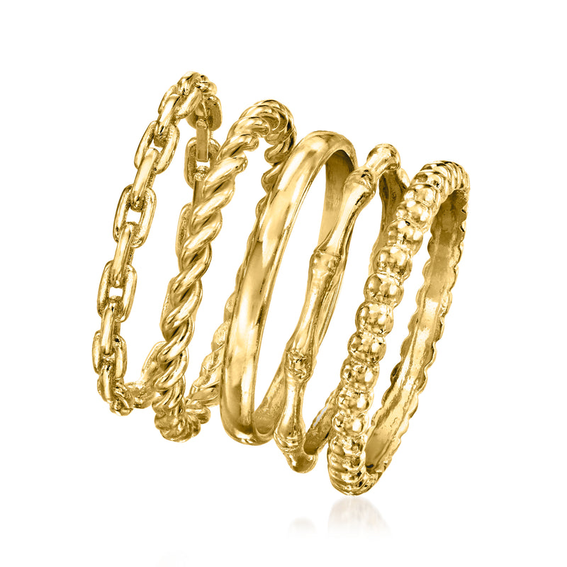 Stackable gold over sterling rings, side view of braided and smooth textured bands