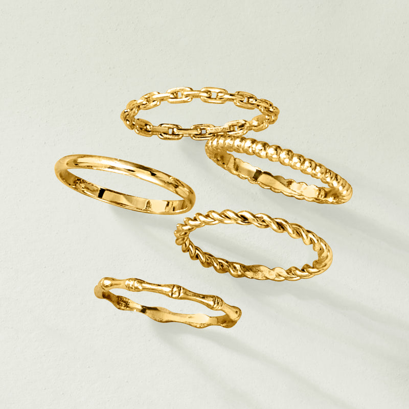 Stackable gold over sterling rings set with chain-link and braided textured bands