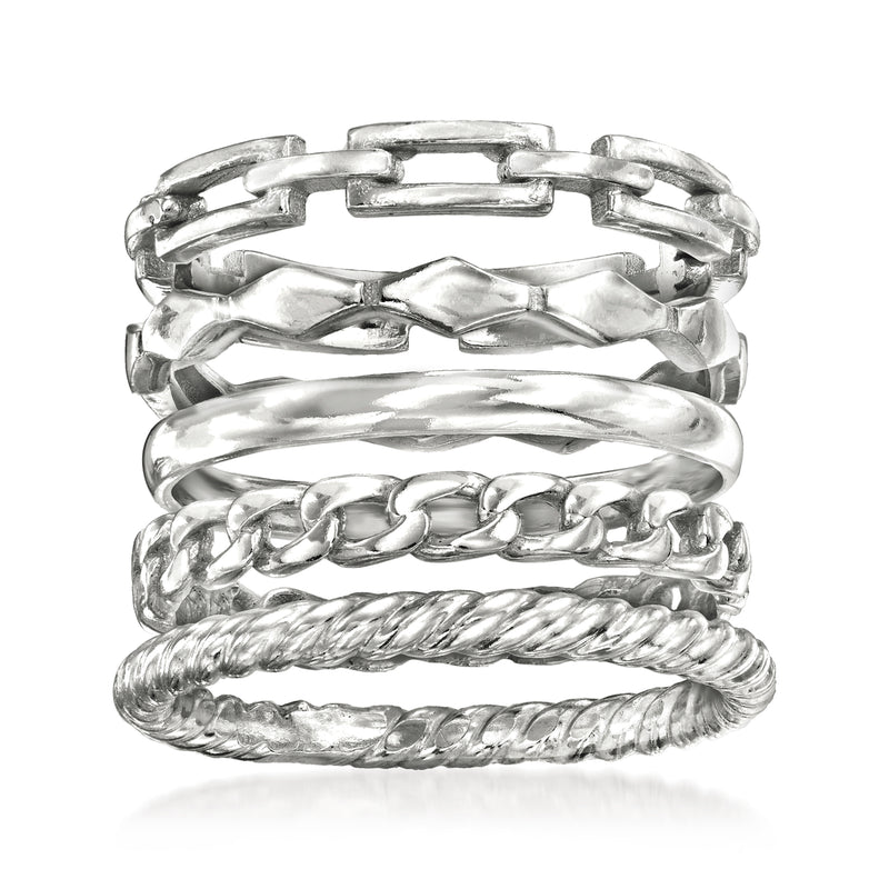 Sterling silver stackable ring set with five mixed chain and textured bands