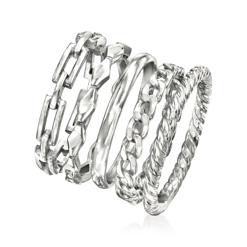 Sterling silver stackable ring set with five bands featuring chain-link and rope textures