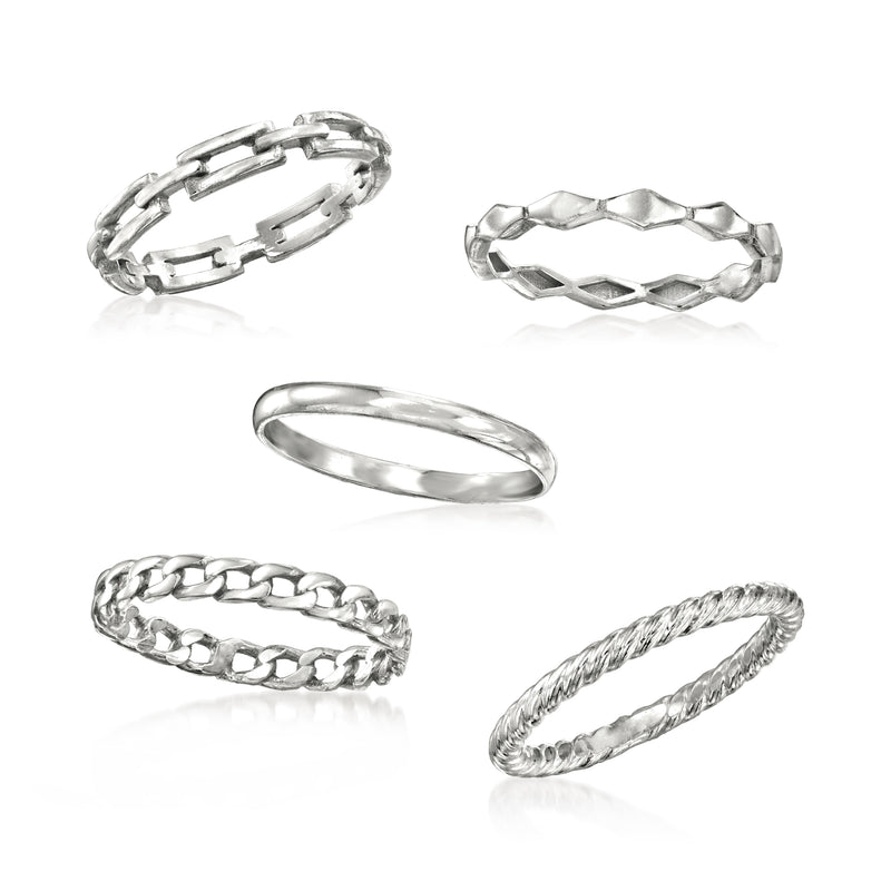 Sterling silver stackable ring set showing five separate ring styles