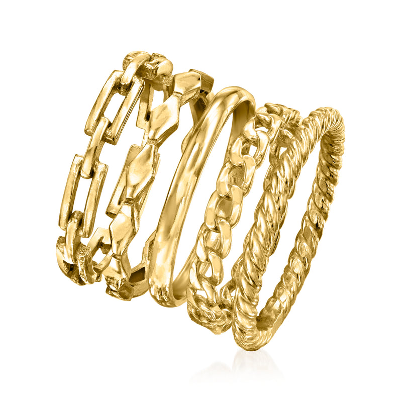 Five gold-tone stackable rings angled view, showing mixed textures and link styles.