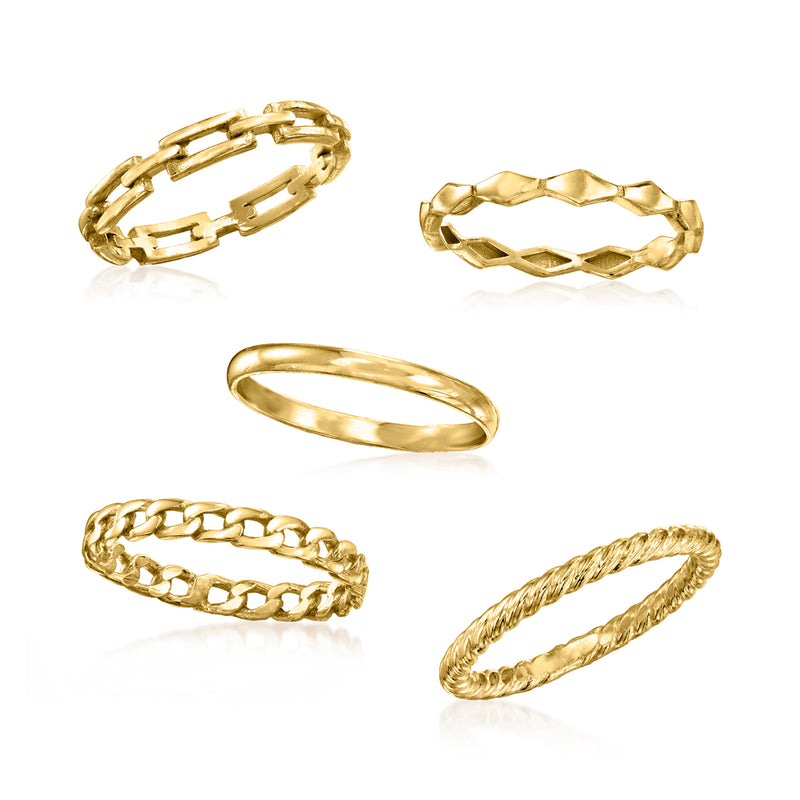 Gold-tone ring set with five designs laid out: chain, links, and braided bands.