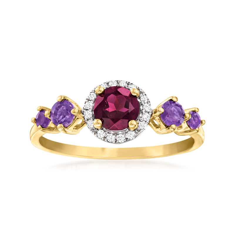 14kt yellow gold ring with oval rhodolite garnet center, purple amethyst sides, diamond halo