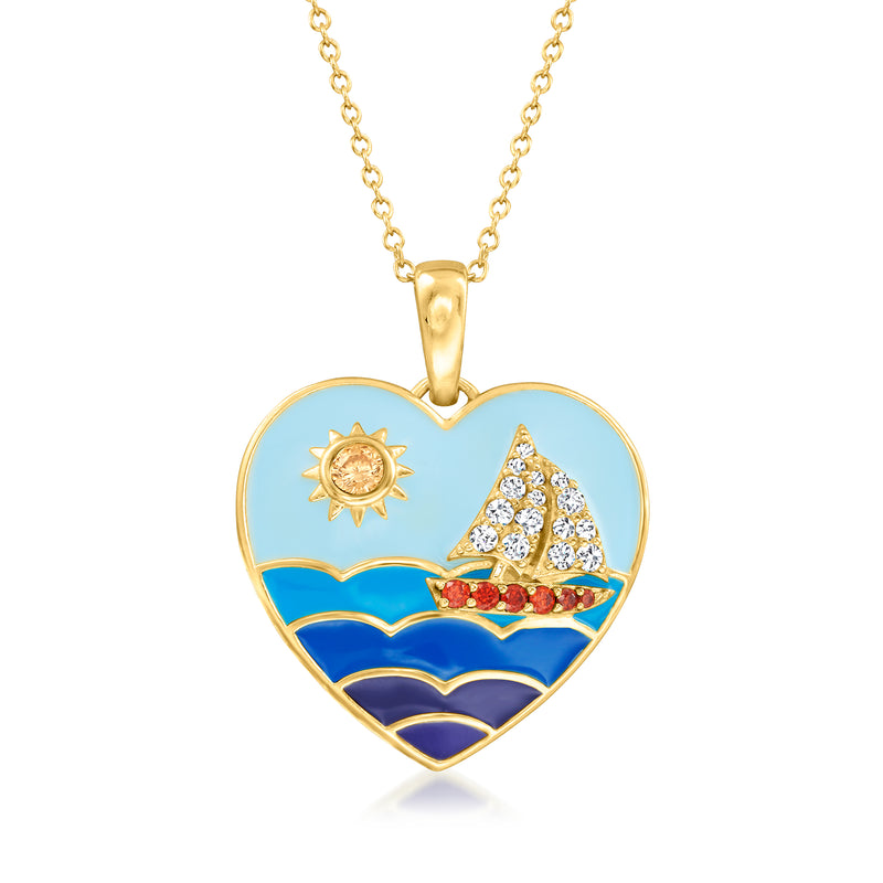 18kt gold over sterling heart pendant necklace, blue enamel with sun and sailboat, CZ accents