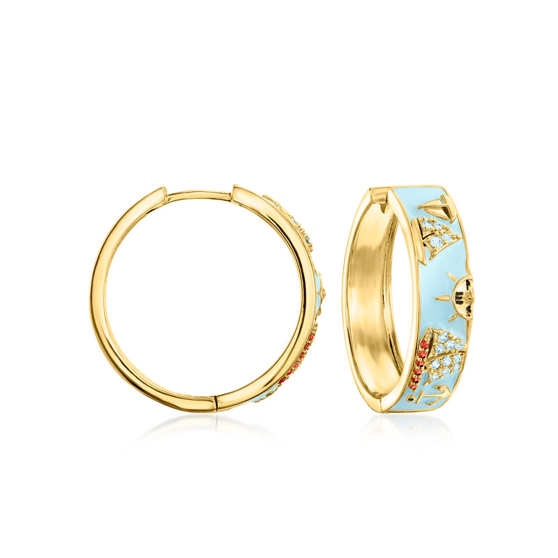 Gold hoop earrings with blue enamel sailboat motif and CZ accents