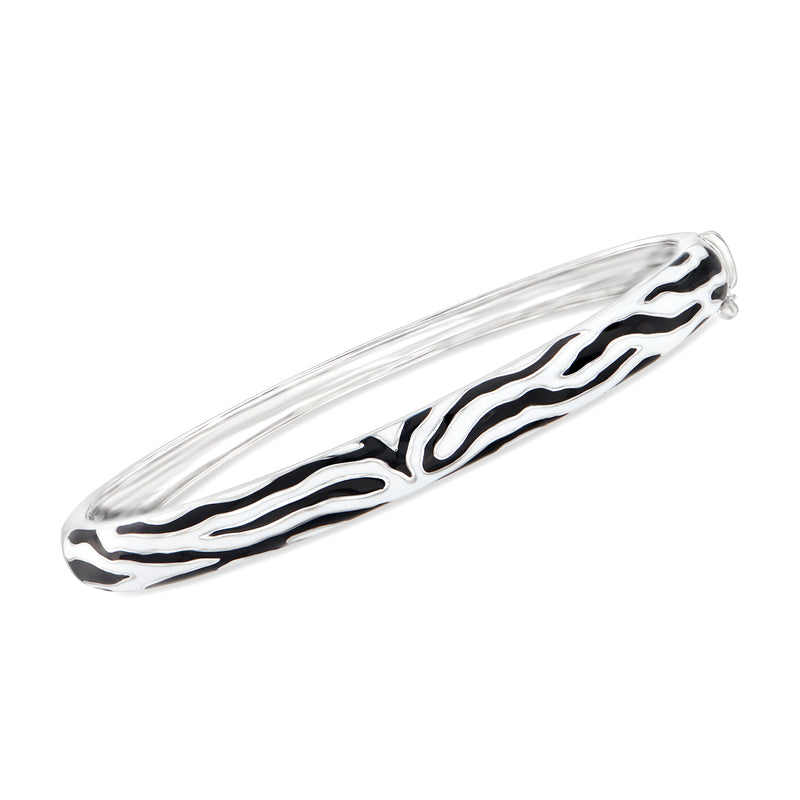 Sterling silver enamel zebra-print bangle bracelet with black-and-white stripes