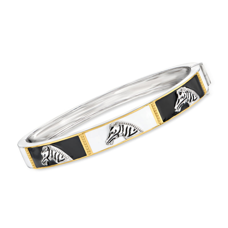 Two-tone sterling silver enamel bangle bracelet with black and white zebra motif