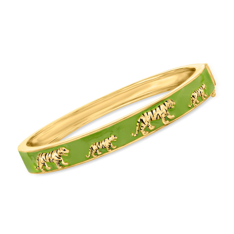 Gold-tone enamel tiger bangle bracelet with green enamel panels and engraved tigers