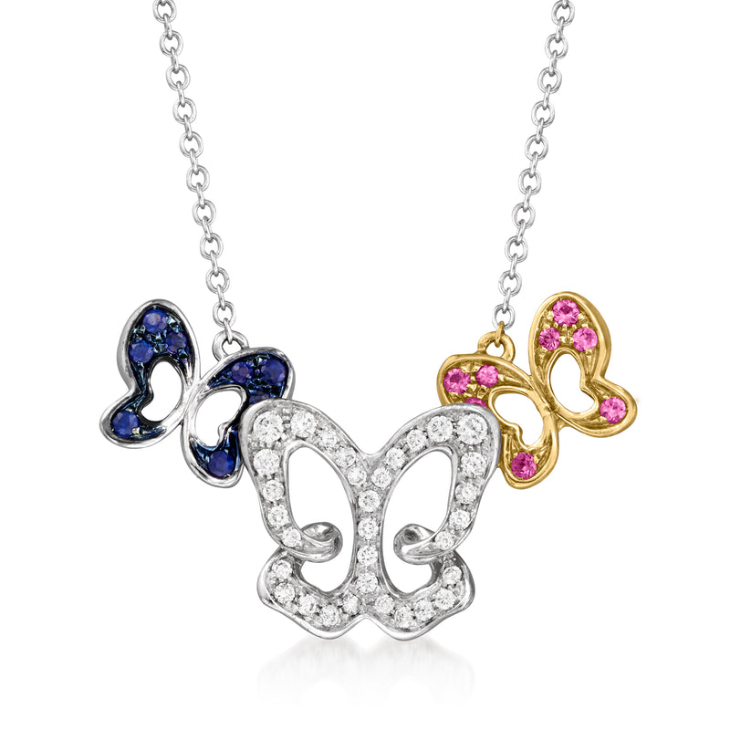 Two-tone gold butterfly necklace with diamond accents and blue/pink sapphire stones